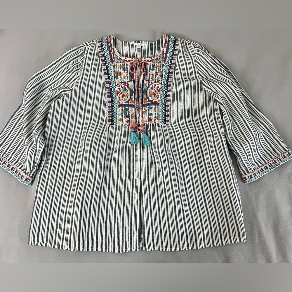 J. Jill Love Linen Striped Embroidered Boho Tunic Top with Tassels L - Picture 10 of 14